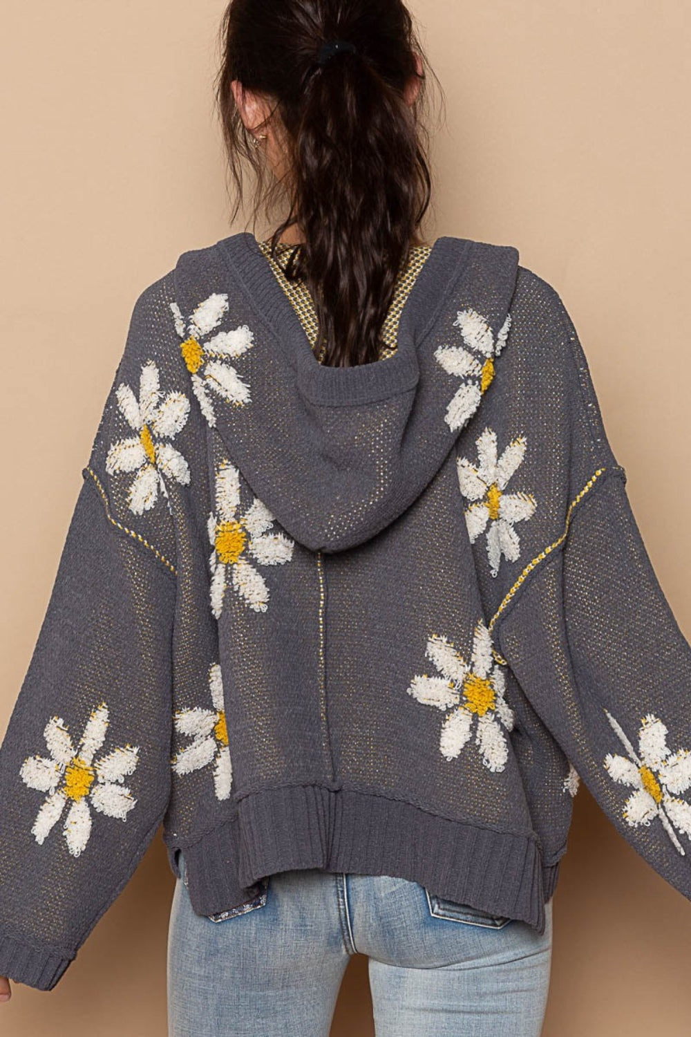 Floral Pattern Hooded High-Low Sweater