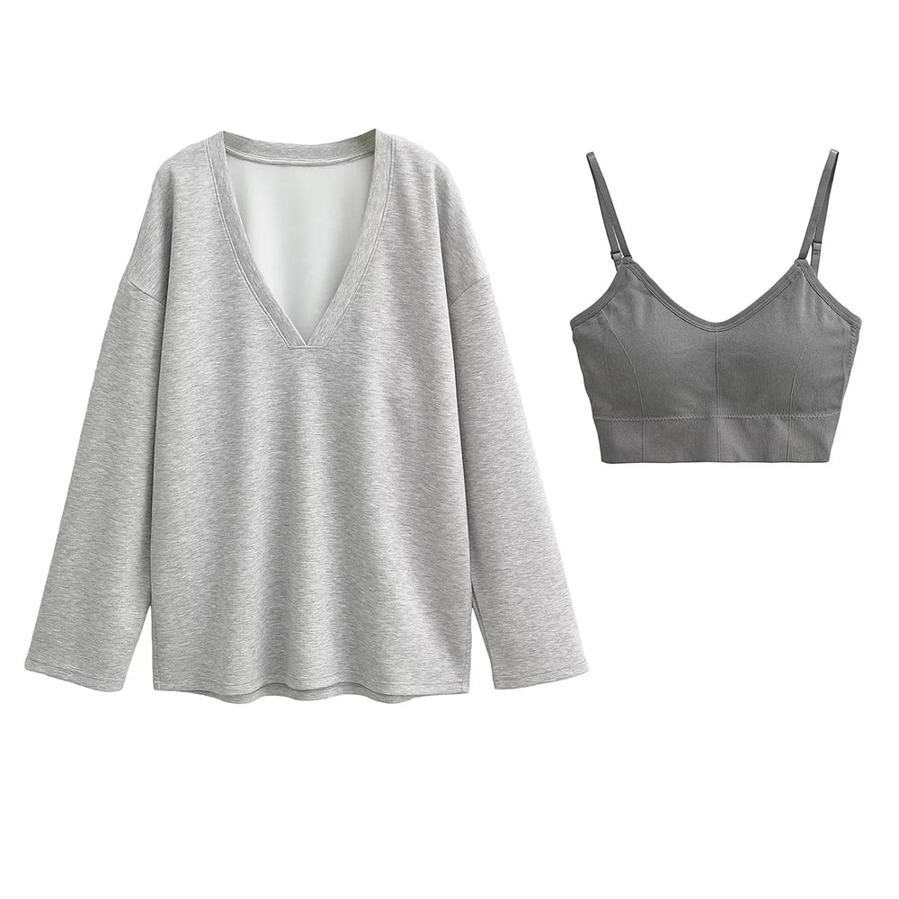 Basic Bae V-Neck Dropped Shoulder Long Sleeve Sweatshirt with Bra