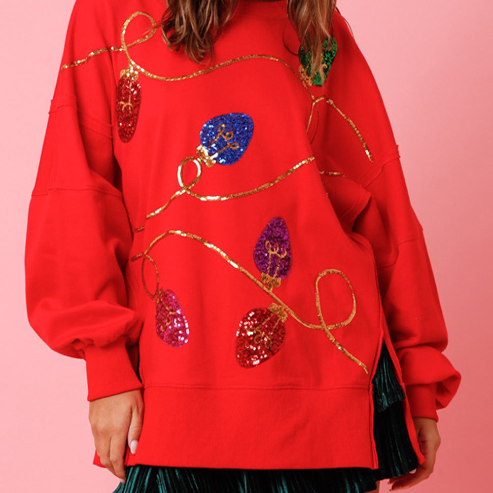 Sequin Christmas Lights Round Neck Sweatshirt