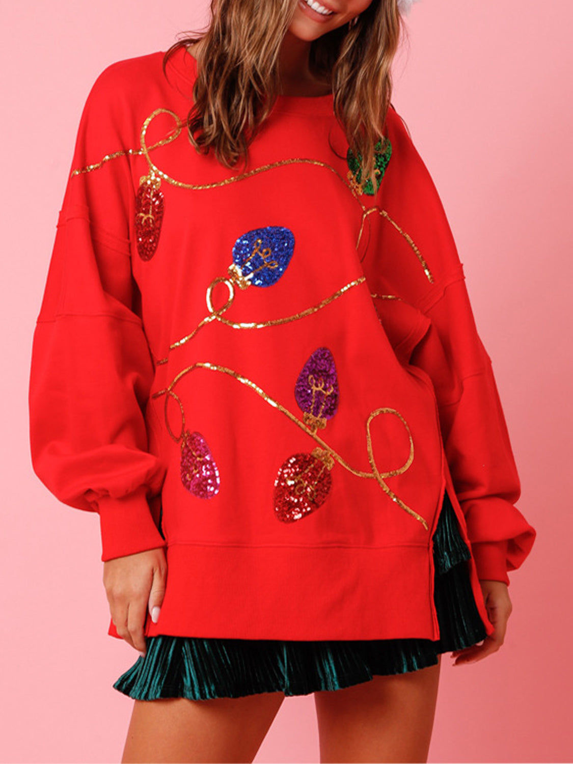 Sequin Christmas Lights Round Neck Sweatshirt