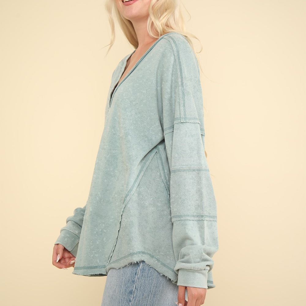 
                      
                        Washed V-Neck Exposed Seam Knit Top
                      
                    