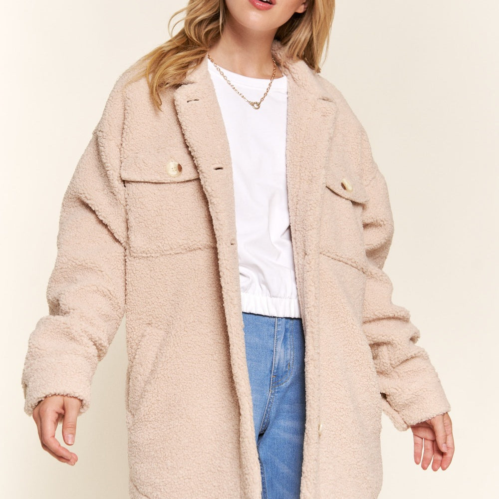 
                      
                        Teddy Sherpa Button Down Curved Hem Shacket
                      
                    