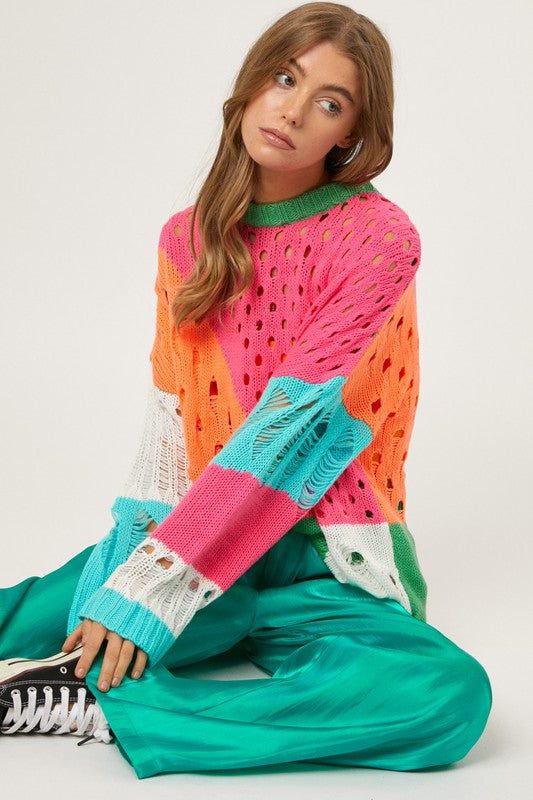 Caroline Distressed Color Block Sweater