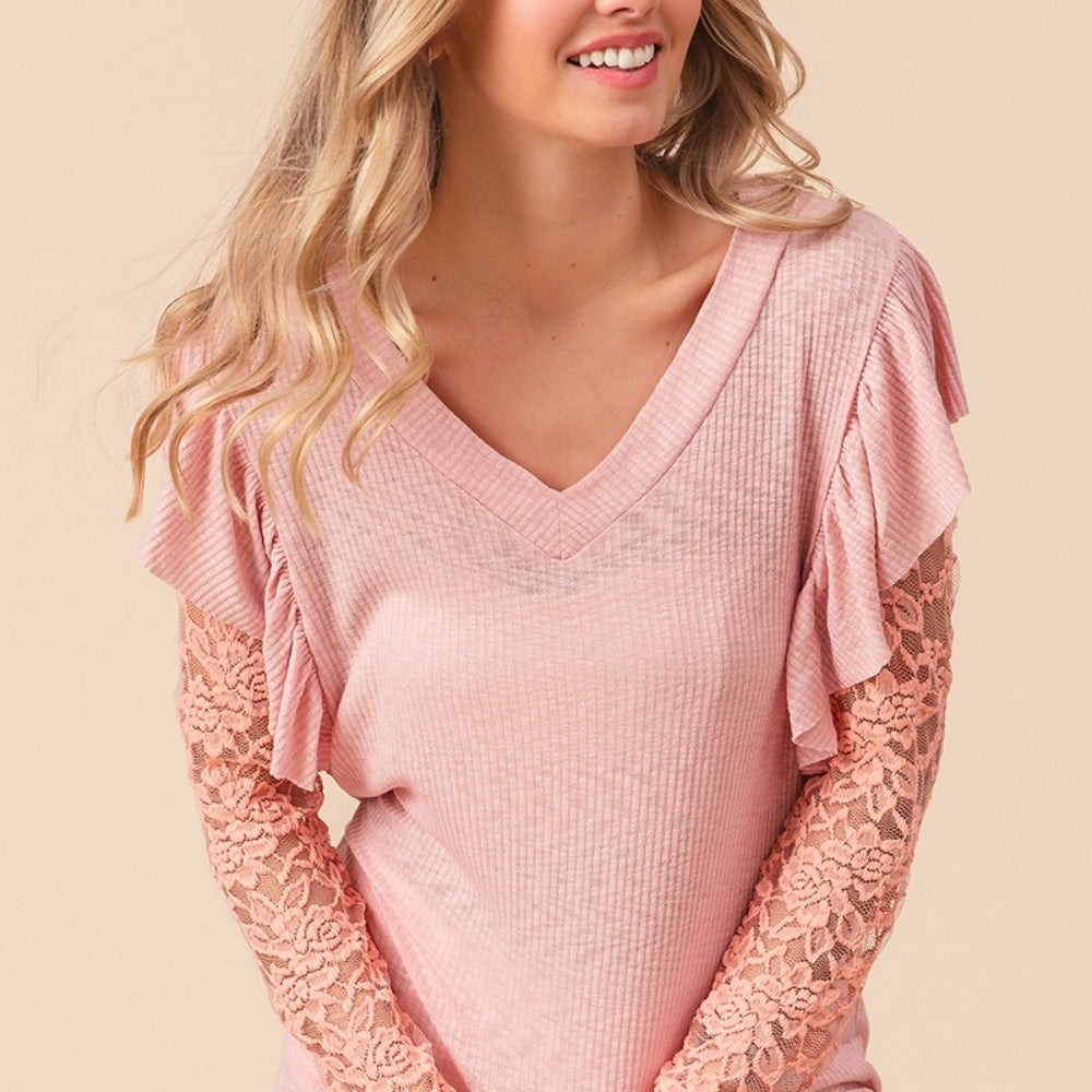 
                      
                        Ruffled Lace Sleeve Rib Knit Top
                      
                    