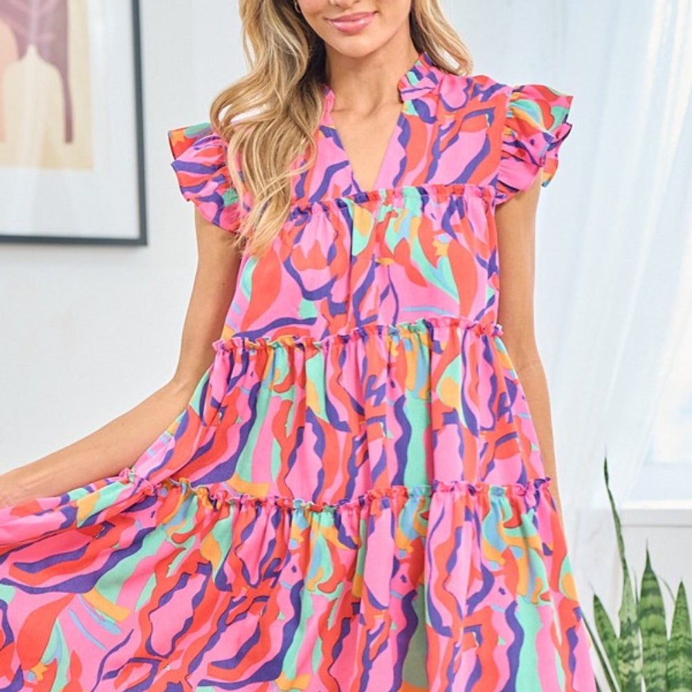 Printed Ruffle Cap Sleeve Tiered Dress