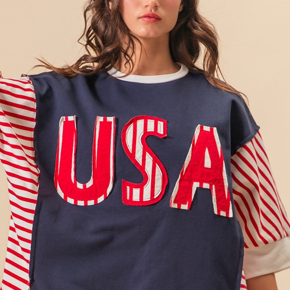 
                      
                        USA Letter Patchwork Contrast Short Sleeve T-Shirt
                      
                    