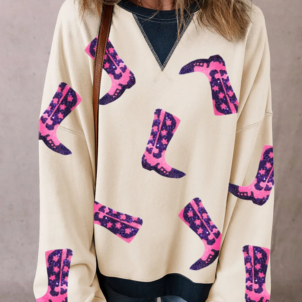 Sequin Boots Round Neck Long Sleeve Sweatshirt