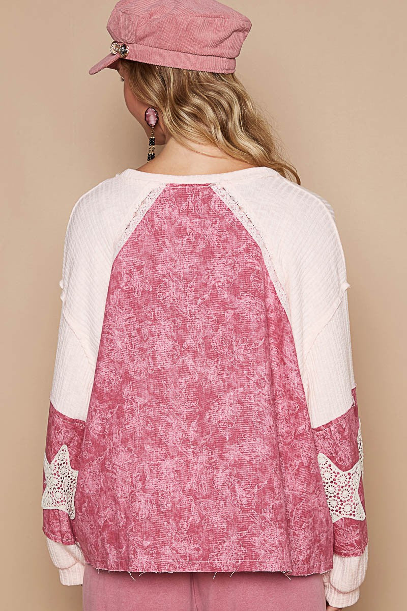 Lace Detail Floral Pattern V Neck Top