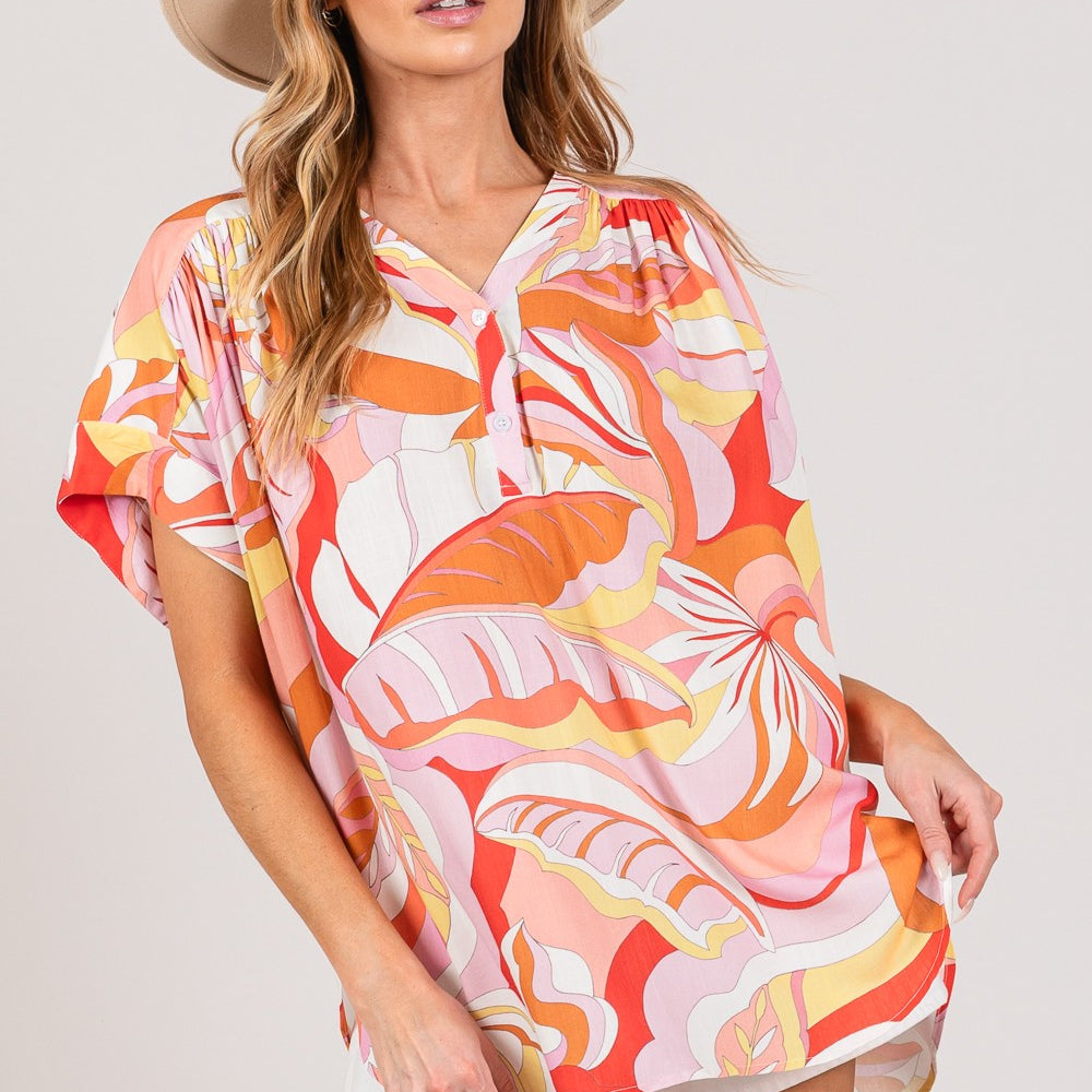 Abstract Print Half Button Blouse