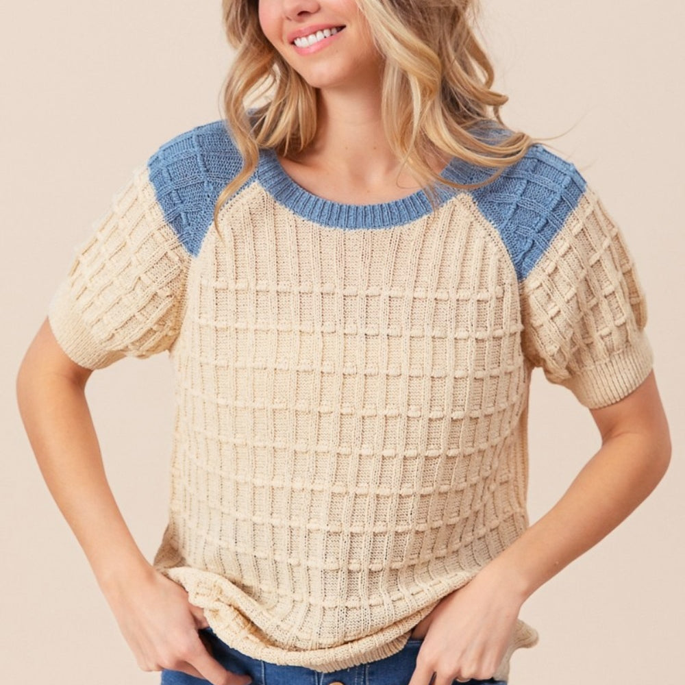 Textured Contrast Short Sleeve Sweater