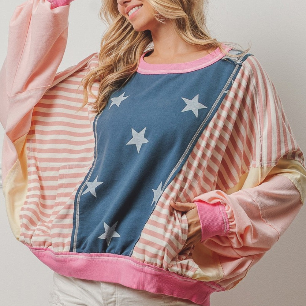 Stars and Stripes Round Neck Long Sleeve Top