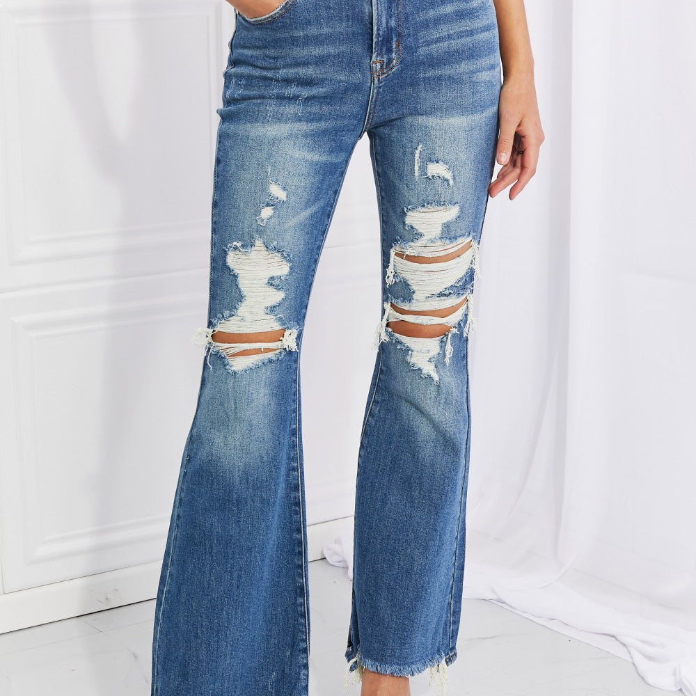 
                      
                        RISEN Hazel High Rise Distressed Flare Jeans
                      
                    