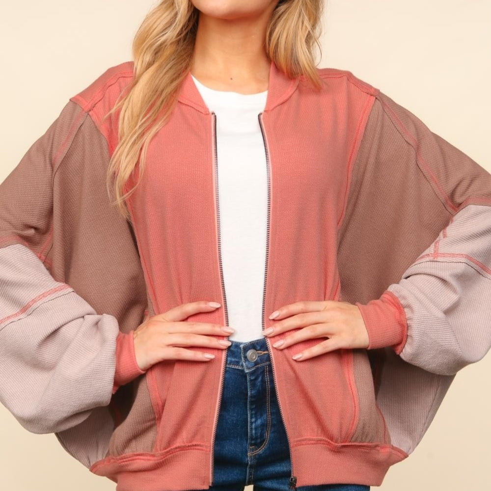 
                      
                        Zip Up Color Block Bomber Jacket with Side Pockets
                      
                    