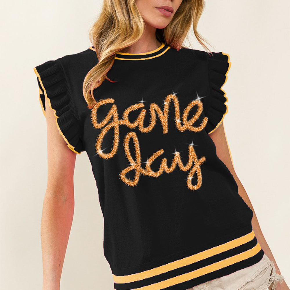 Game Day Letter Contrast Trim Ruffled Sleeveless Sweater