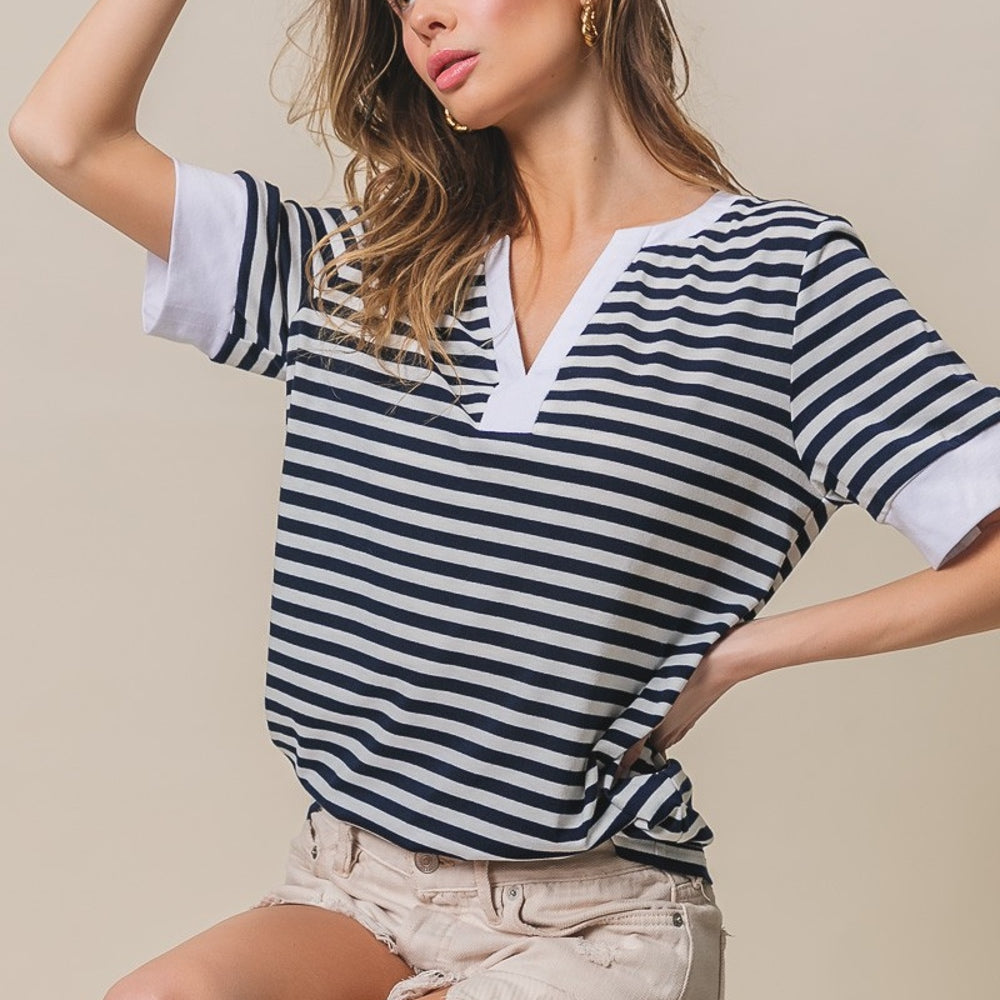 
                      
                        Contrast Striped Notched Knit Top
                      
                    