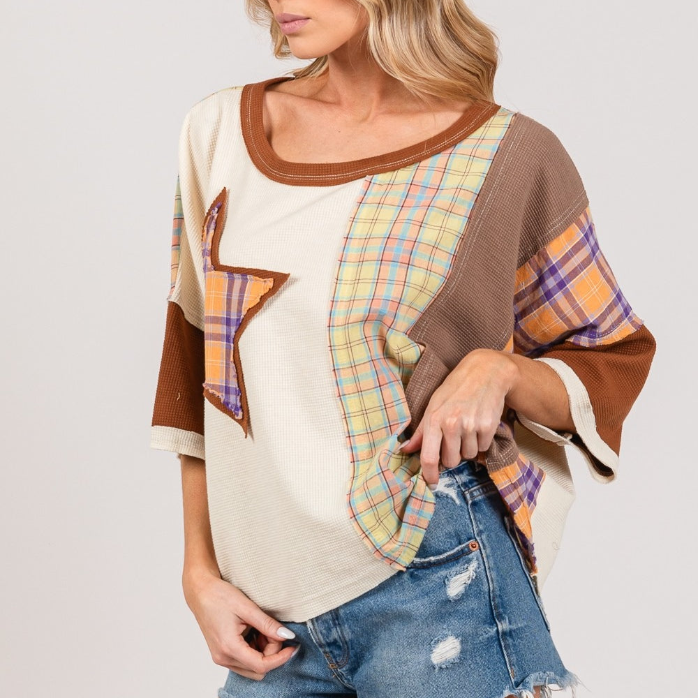 
                      
                        Round Neck Plaid Star Patch T-Shirt
                      
                    