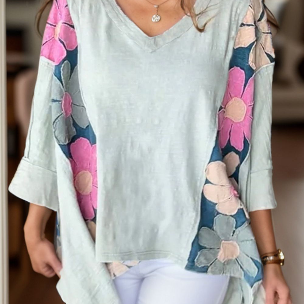 Slit Floral V-Neck Three-Quarter Sleeve Blouse