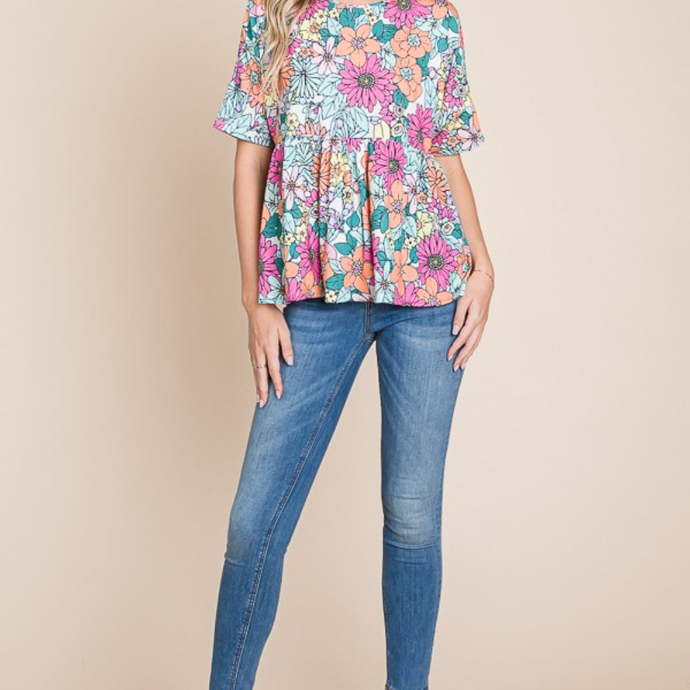 
                      
                        Floral Round Neck Short Sleeve Blouse
                      
                    