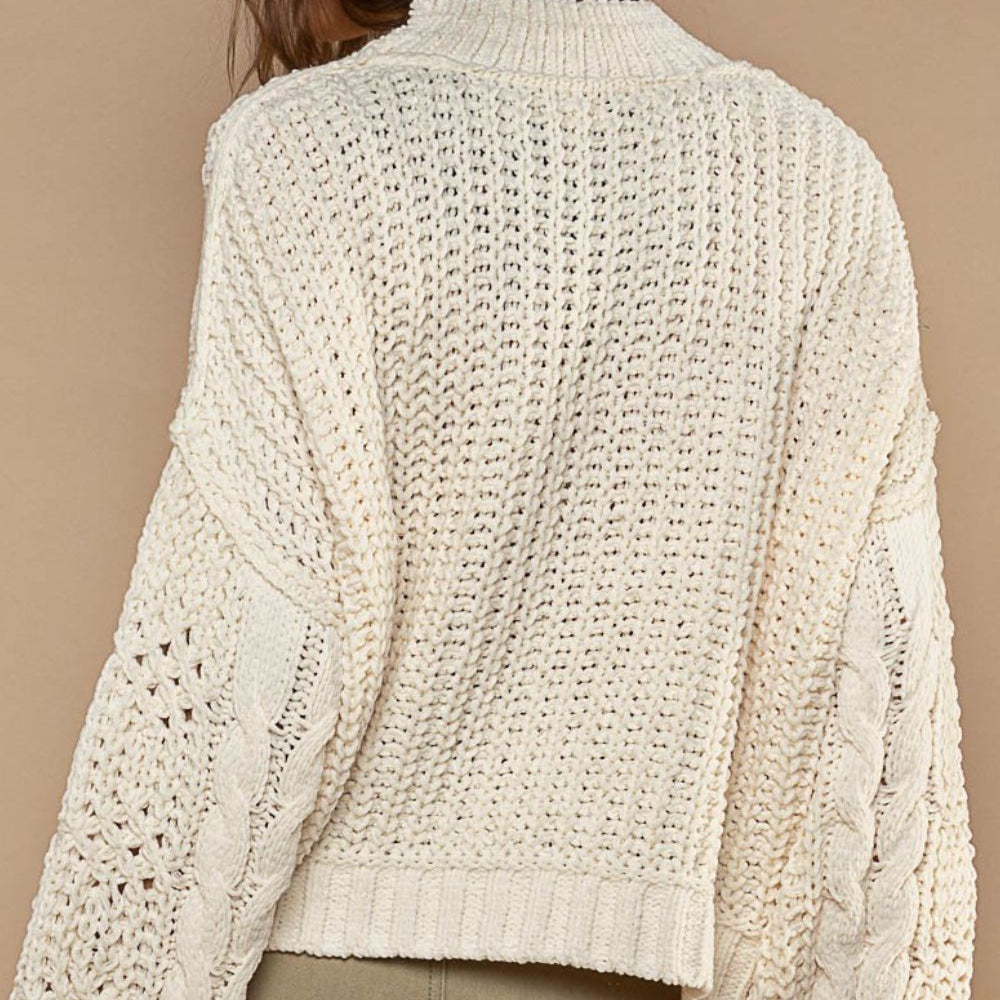 
                      
                        Mock Neck Cable Knit Sweater
                      
                    