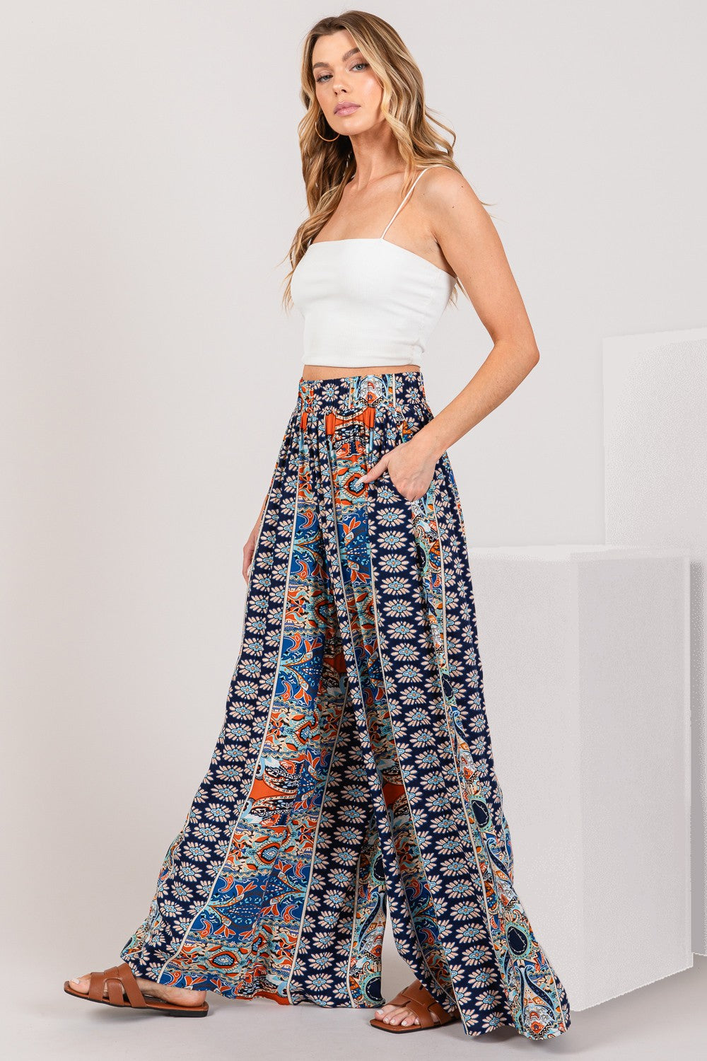 Bohemian Multi Geo Print Wide Leg Pants