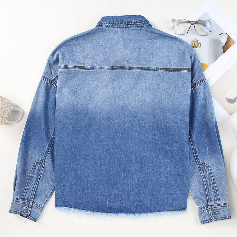 
                      
                        Raw Hem Sequin Football Long Sleeve Denim Jacket
                      
                    