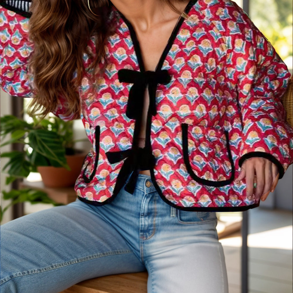 Tied Printed Long Sleeve Jacket