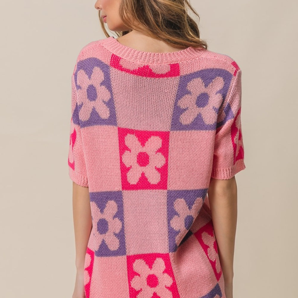 Flower Checker Pattern Short Sleeve Sweater