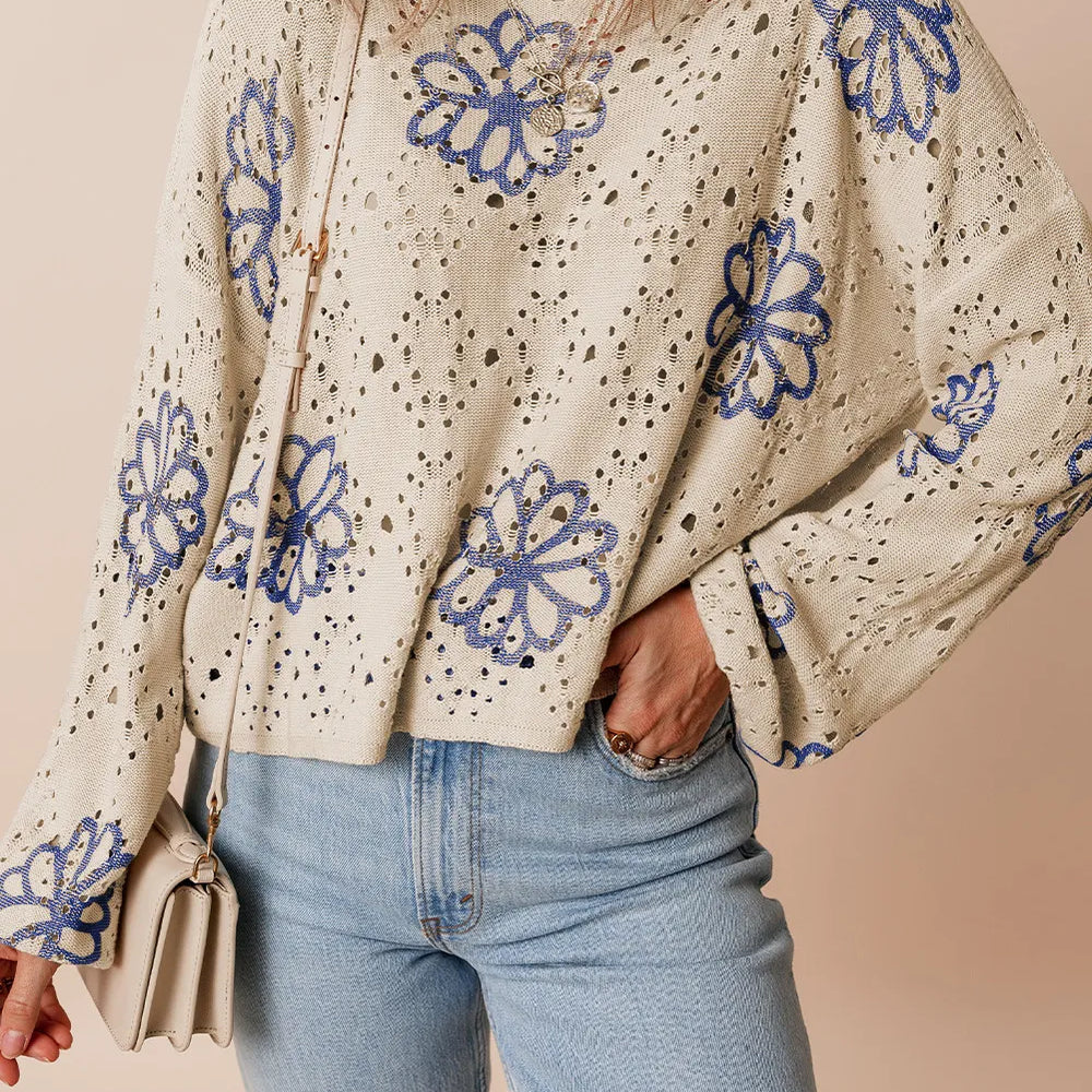 Openwork Round Neck Long Sleeve Knit Top