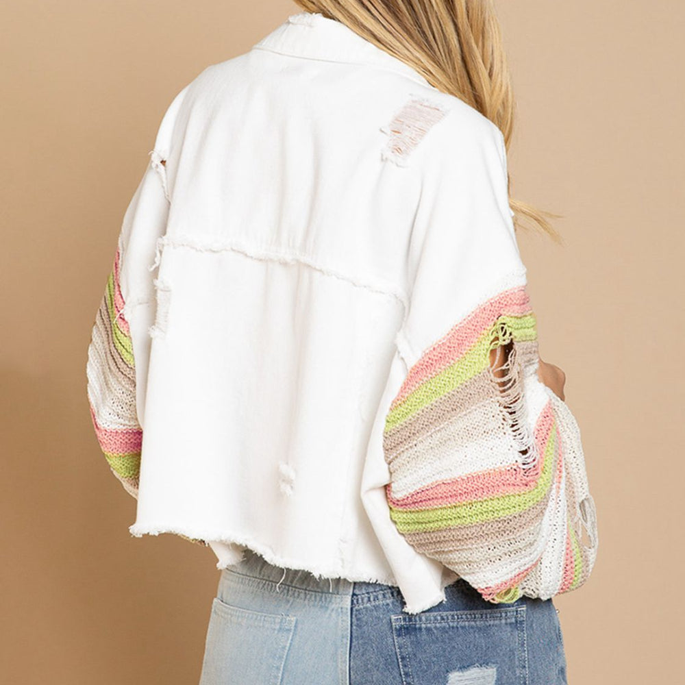 
                      
                        Distressed Striped Long Sleeve Denim Jacket
                      
                    