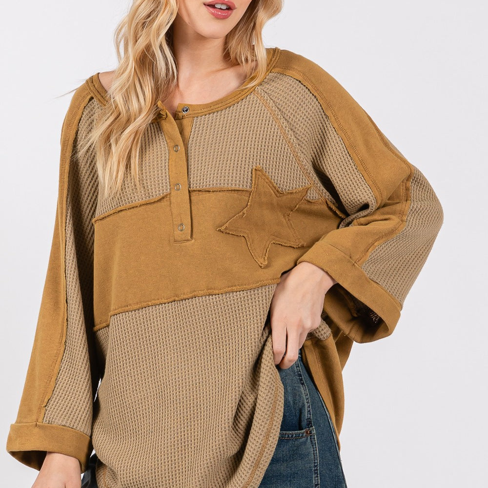 
                      
                        Star Applique Patch Exposed Seam Waffle Knit Top
                      
                    