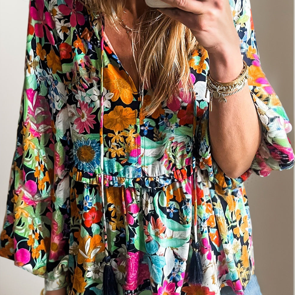 Printed Tie Neck Long Sleeve Blouse