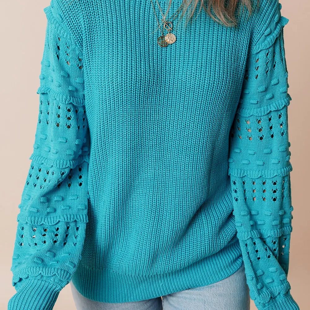 
                      
                        Openwork Frill Round Neck Long Sleeve Sweater
                      
                    