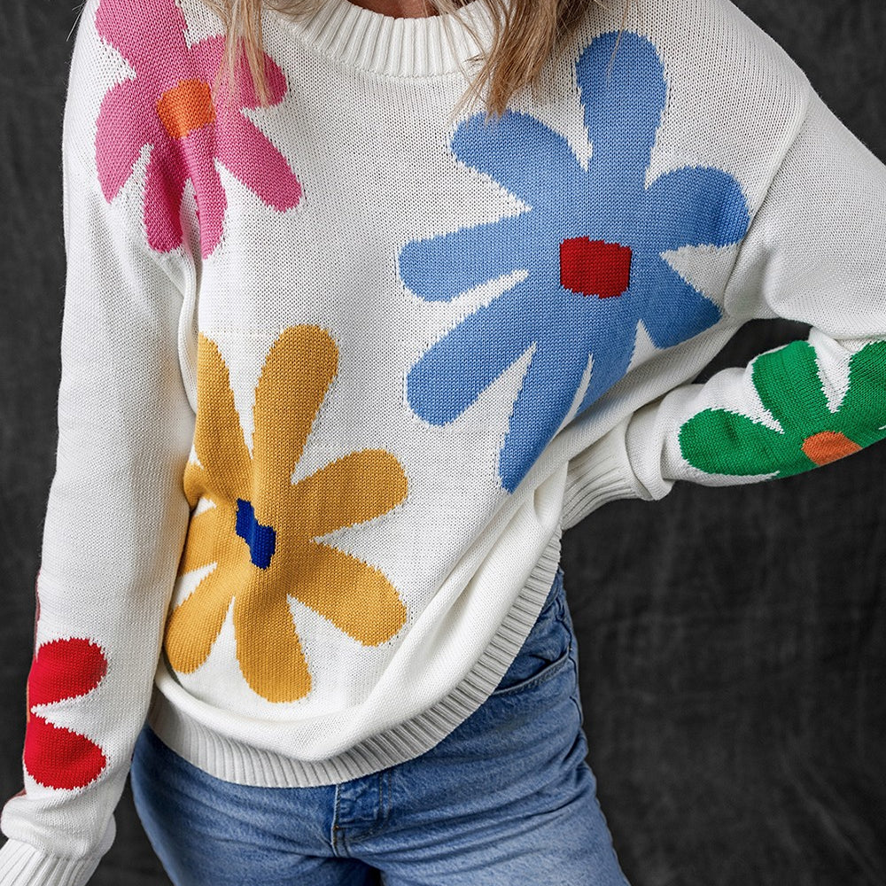 
                      
                        Flower Round Neck Dropped Shoulder Sweater
                      
                    