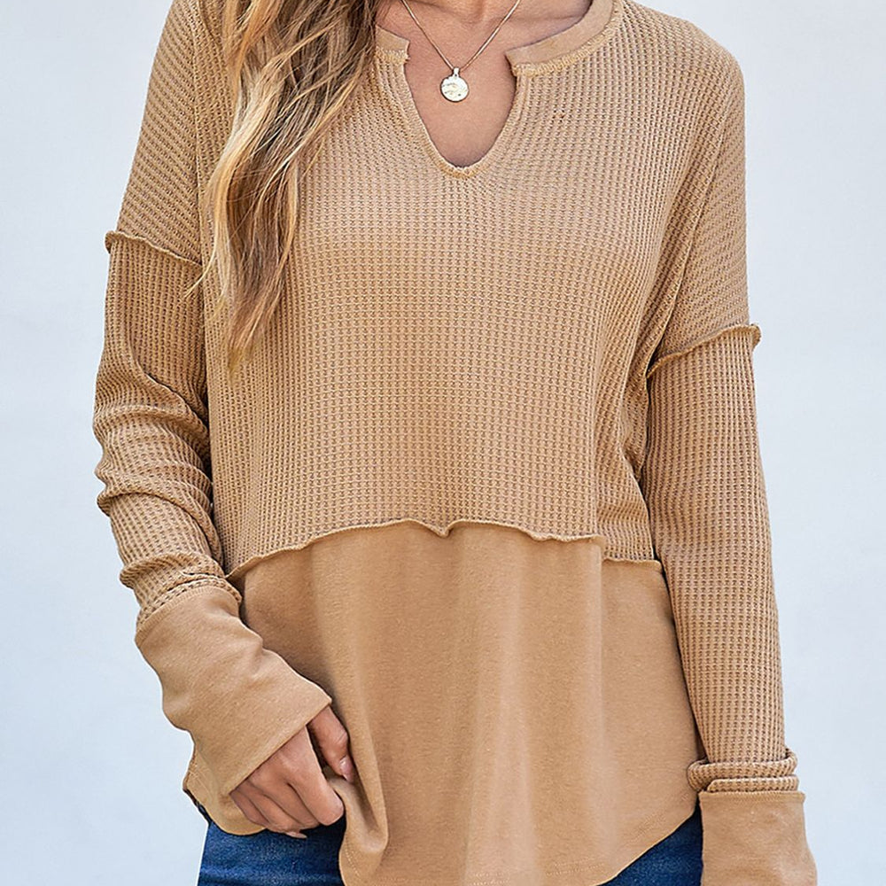 Waffle-Knit Notched Long Sleeve T-Shirt