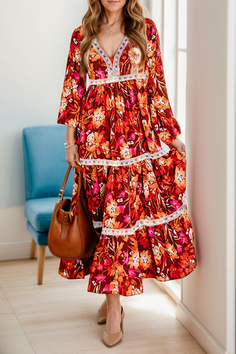 Printed V-Neck Long Sleeve Midi Dress