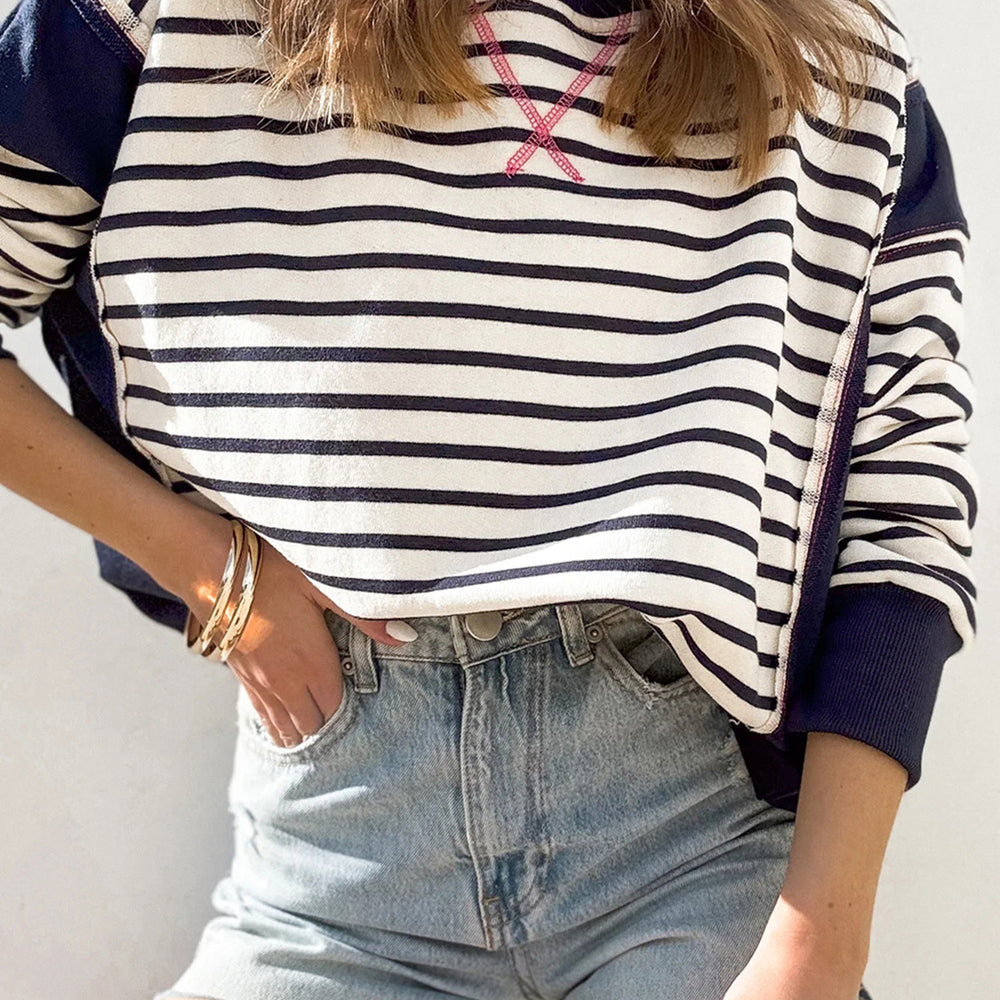 
                      
                        Slit Exposed Seam Striped Long Sleeve Sweatshirt
                      
                    