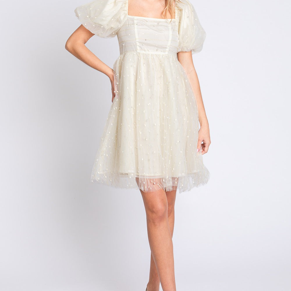 Pearl Mesh Puff Sleeve Babydoll Dress