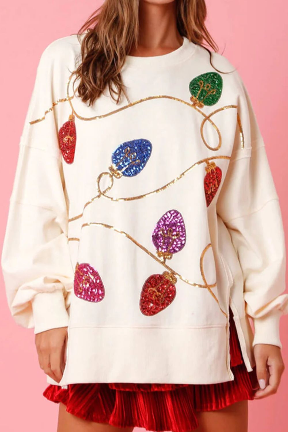 Sequin Christmas Lights Round Neck Sweatshirt