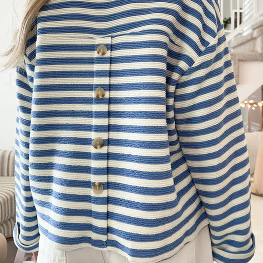 Striped Notched Long Sleeve Top