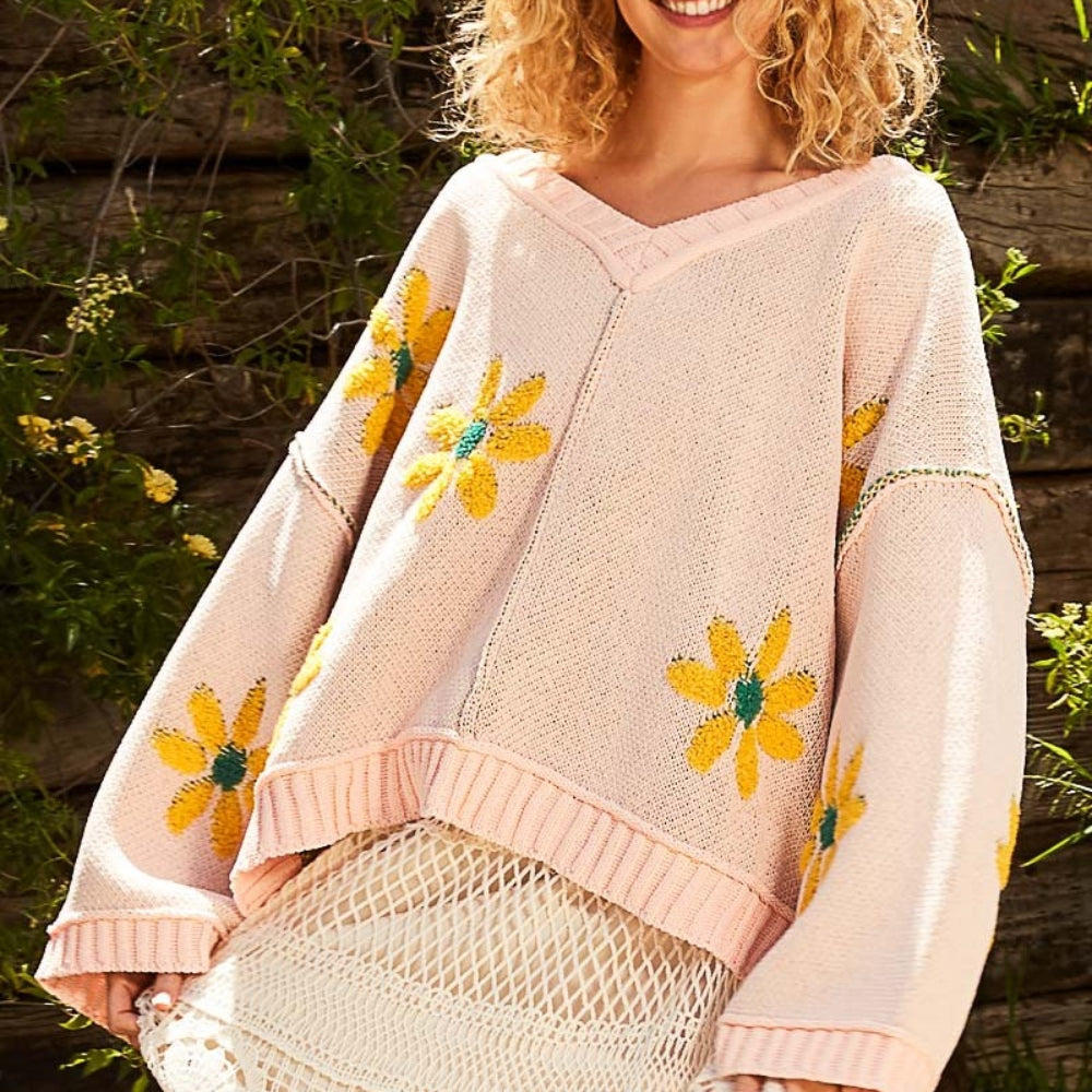 V-Neck Floral Pattern Chenille Sweater