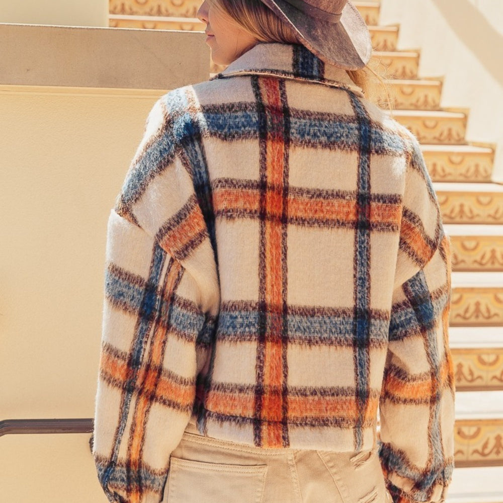 Brushed Plaid Crop Jacket with Pockets