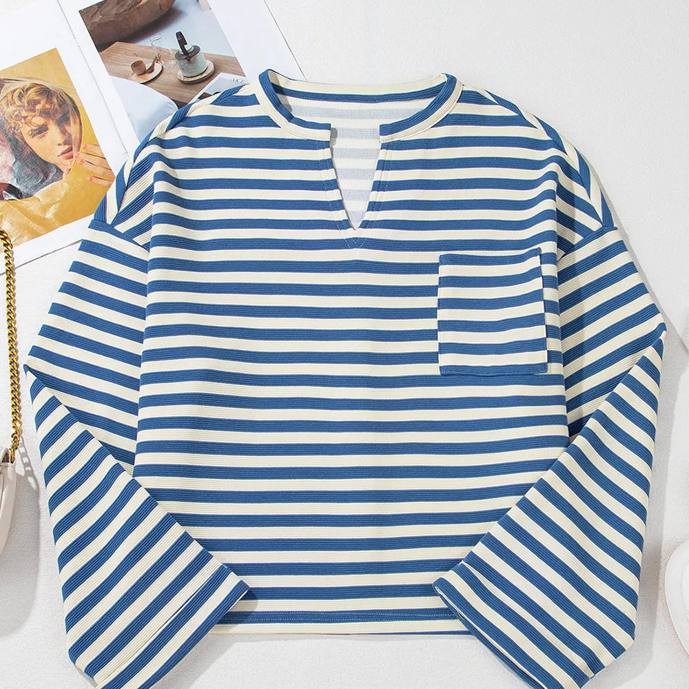 
                      
                        Striped Notched Long Sleeve Top
                      
                    