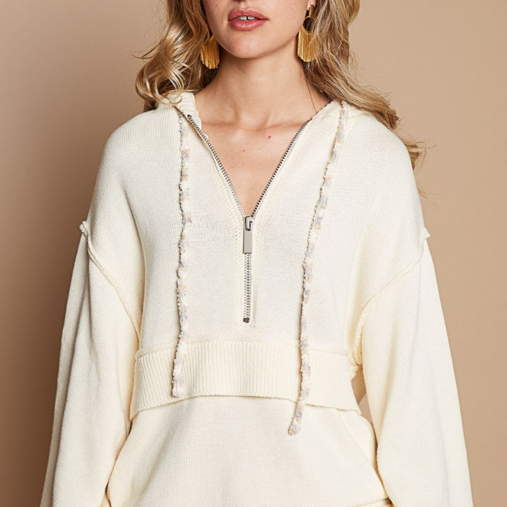 Half Zip Drop Shoulder Hooded Sweater