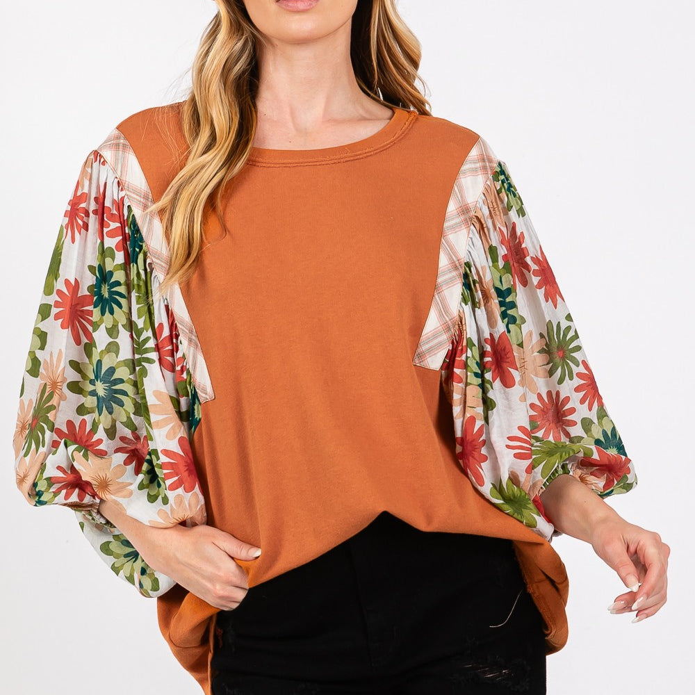 Printed Balloon Sleeve Contrast Top