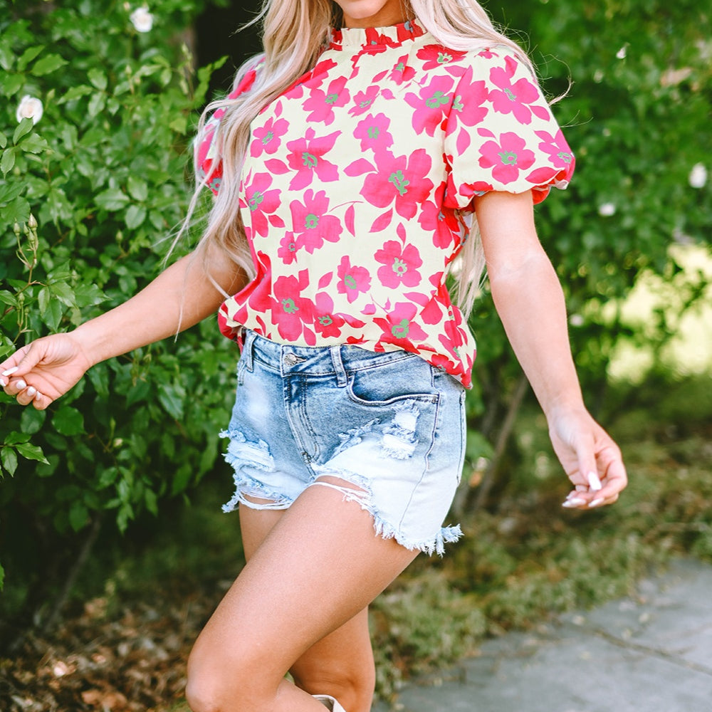 
                      
                        Printed Mock Neck Puff Sleeve Blouse
                      
                    