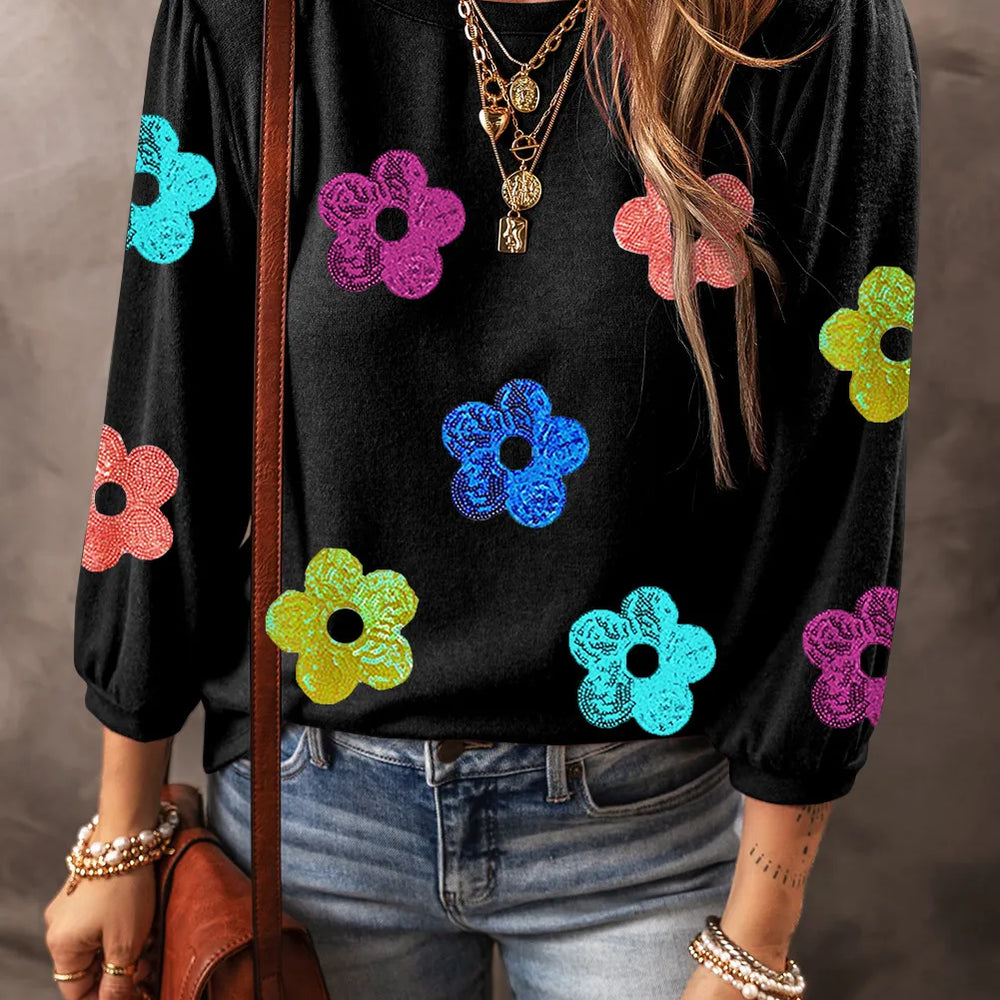 
                      
                        Sequin Flower Round Neck Blouse
                      
                    