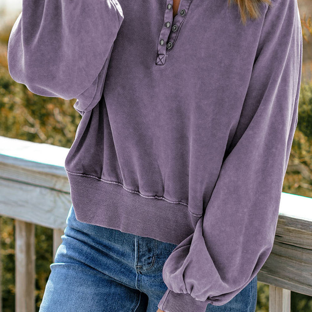 Quarter-Snap Collared Lantern Sleeve Sweatshirt