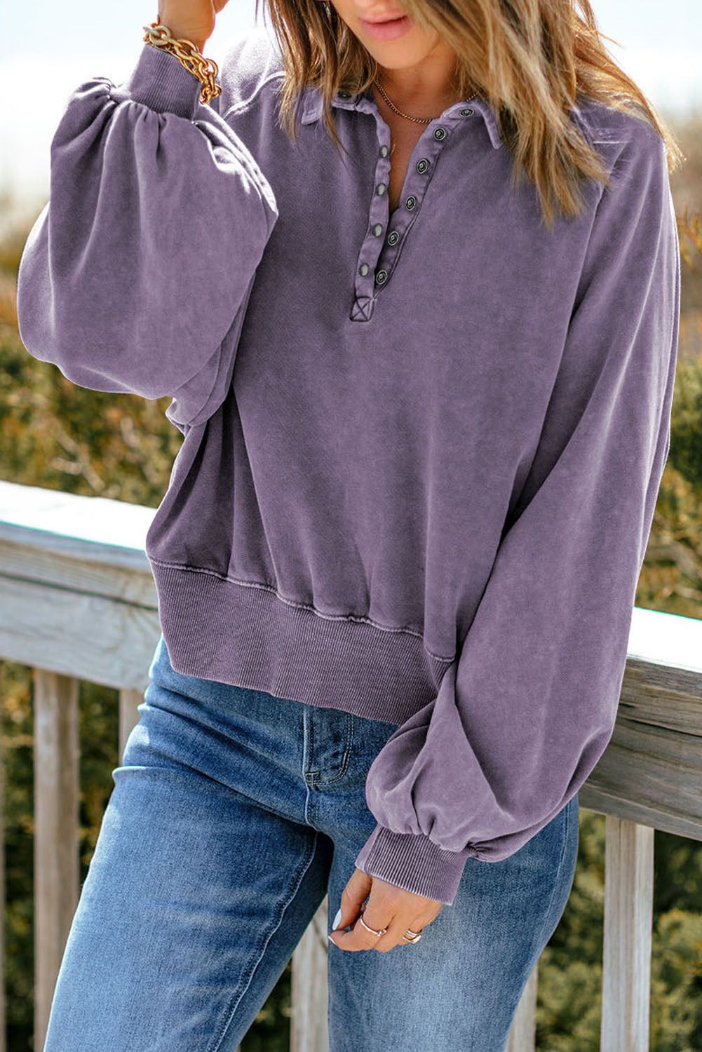 Quarter-Snap Collared Lantern Sleeve Sweatshirt