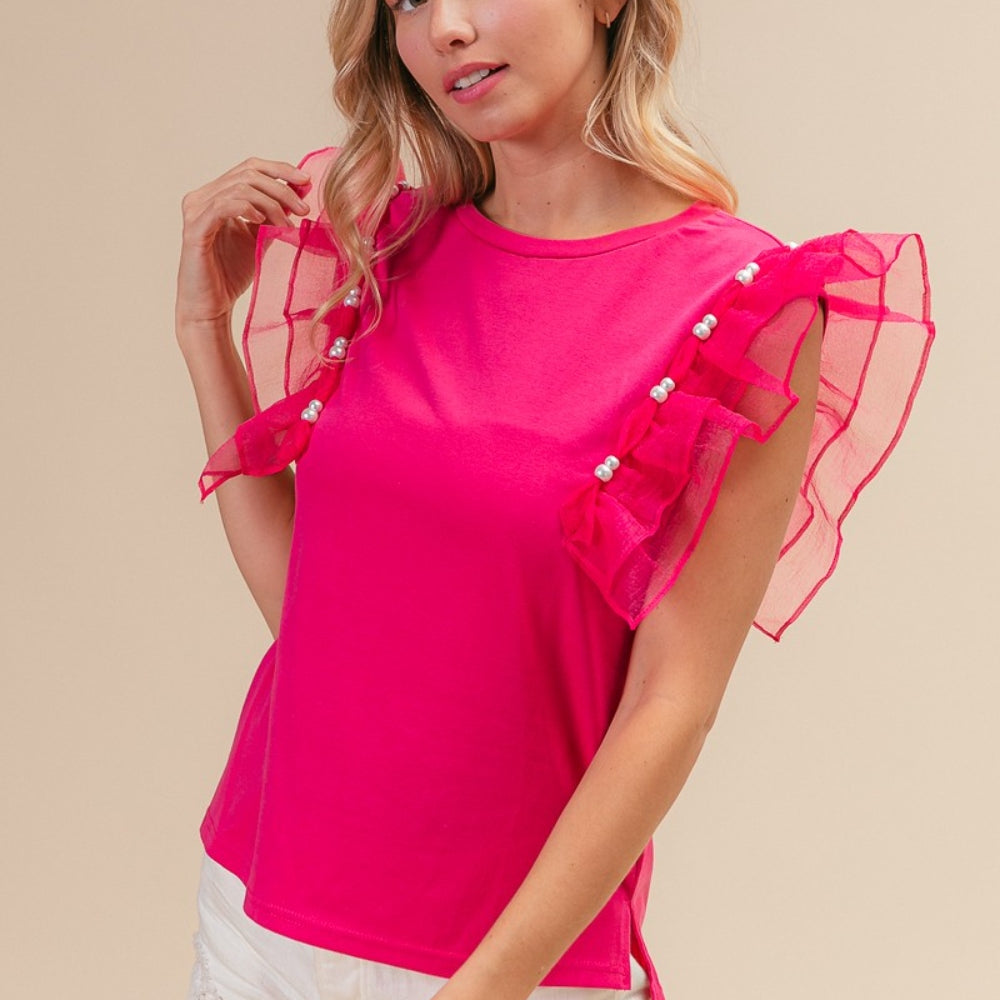 Pearl Decor Mesh Ruffle Sleeve Top