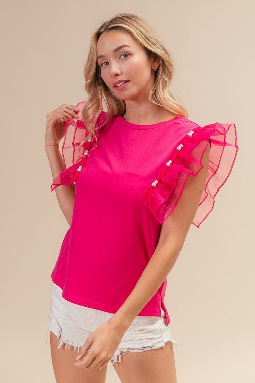 Pearl Decor Mesh Ruffle Sleeve Top